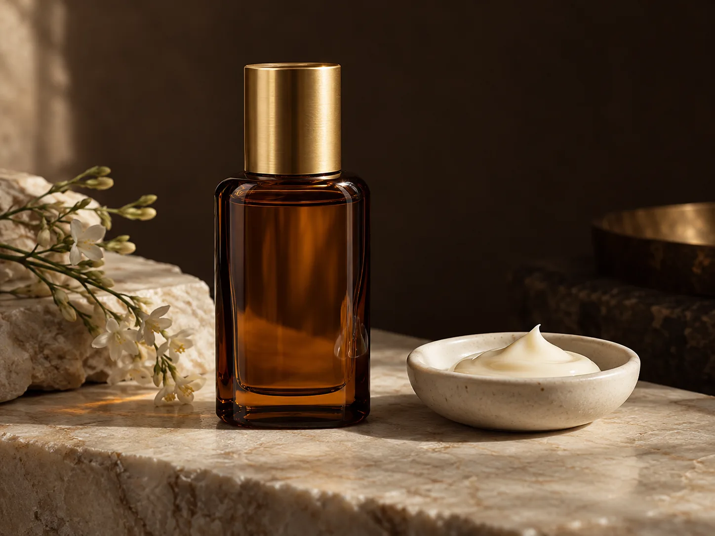An amber glass care bottle in warm natural light
