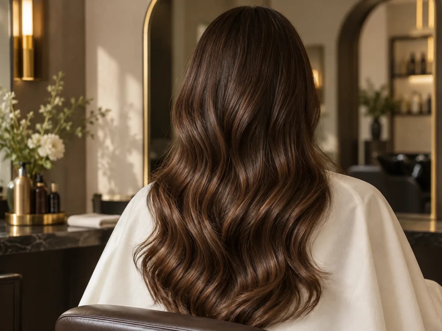 Glossy brunette waves over an ivory salon cape