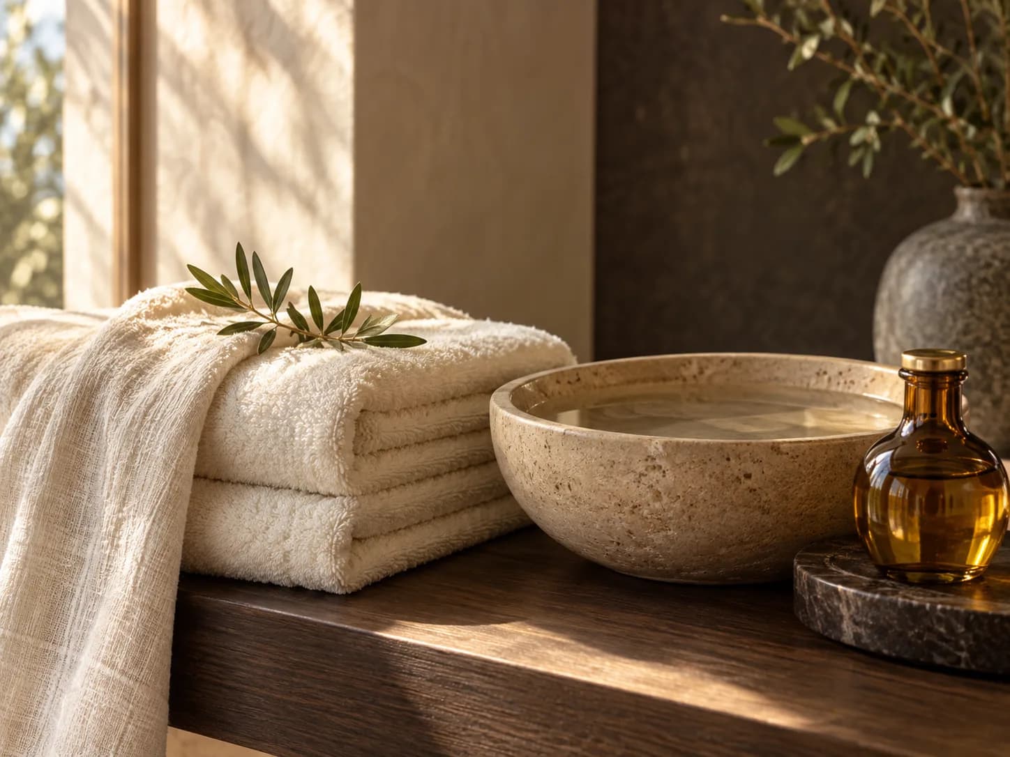 Ivory spa towels, a stone water bowl and an amber oil bottle