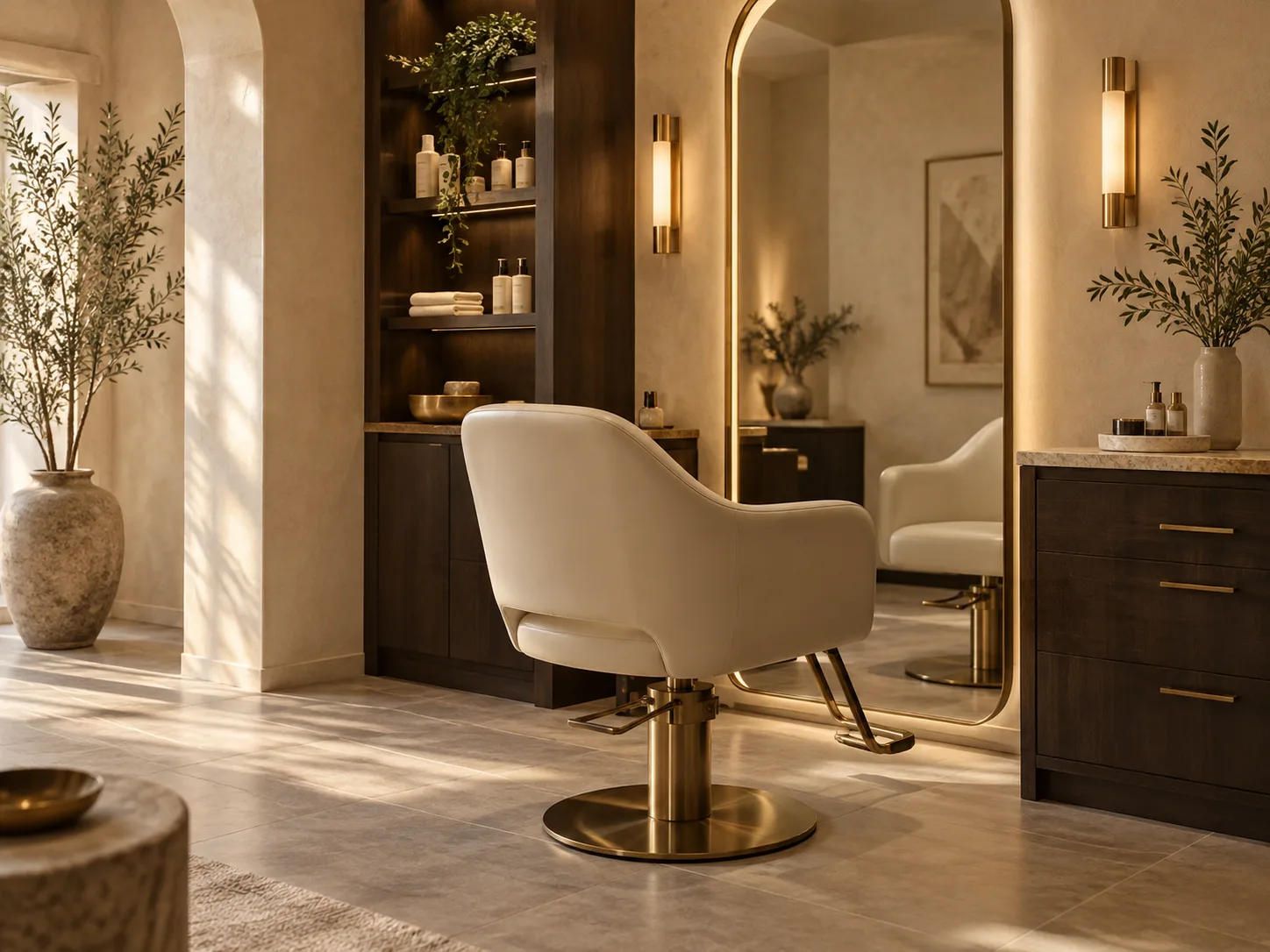 An ivory salon chair beside an arched mirror and espresso cabinetry