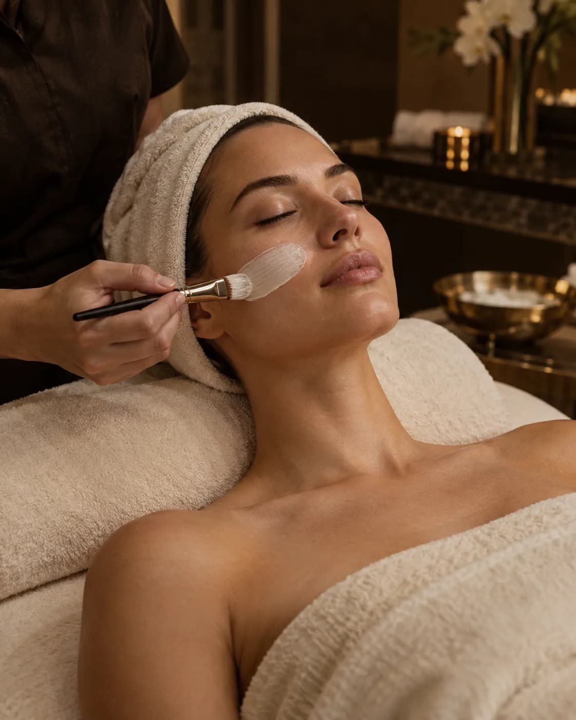 A facial mask gently applied with a brush during a skincare treatment